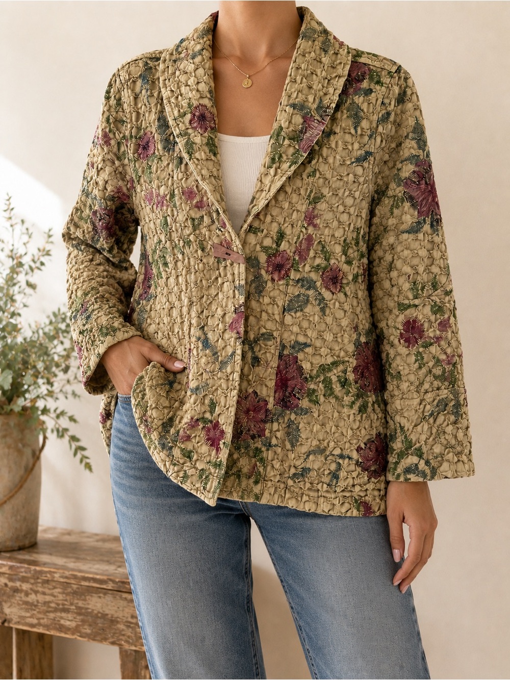 Vintage Soft Surroundings Embroidered Quilted Floral Jacket in Olive and Plum